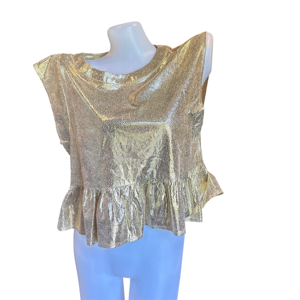 Gold Foil Metallic Peplum Sleeveless Top Party Going Out Blouse S
